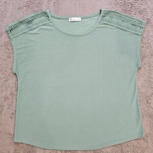 89th + Madison Sage Green Crochet Shoulder Lace Short Sleeve Top XL RN 114186